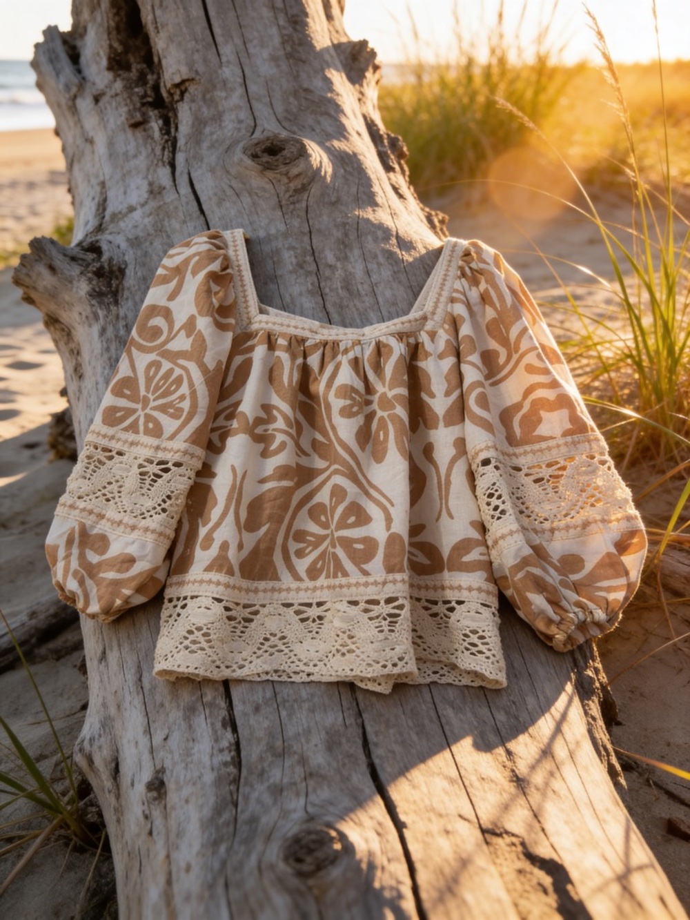 Boho Square-Neck Crochet Trim Peasant Top in Beige - Picture 2 of 3